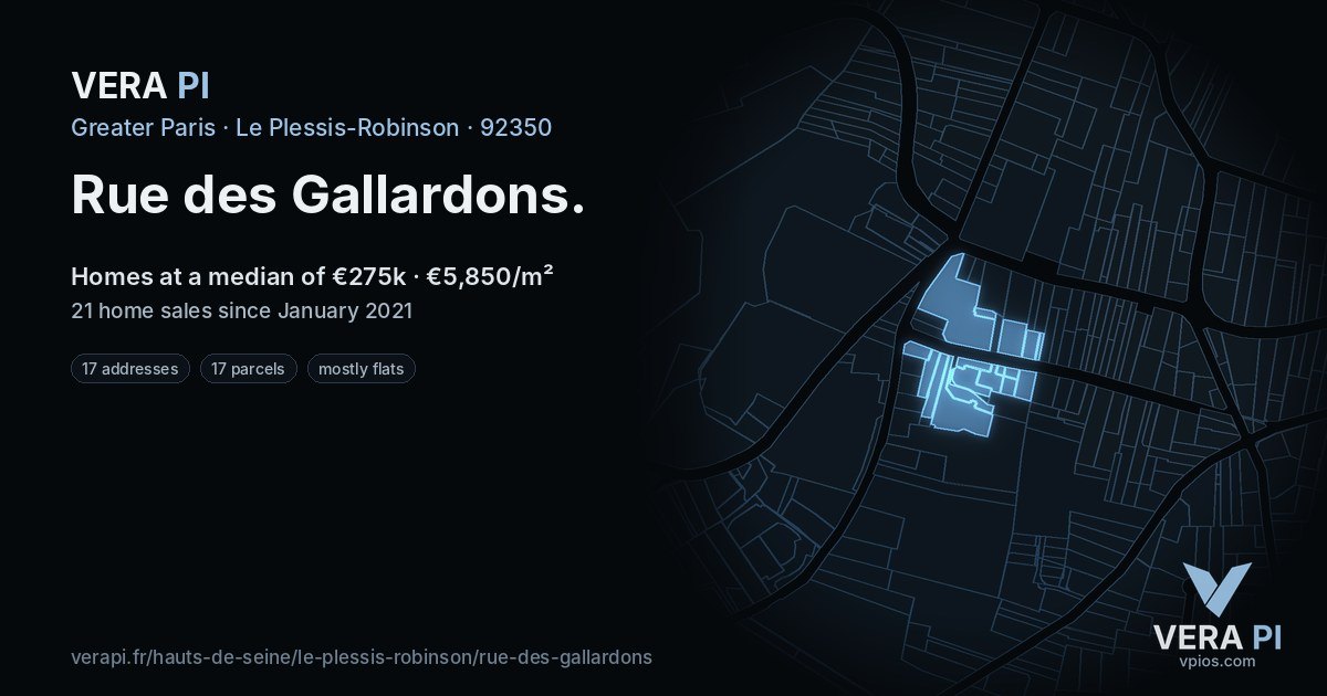 Rue des Gallardons, Le Plessis-Robinson at night – every parcel coloured by the prices around it, the street's own parcels lit