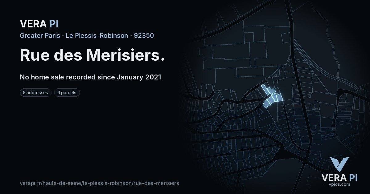 Rue des Merisiers, Le Plessis-Robinson at night – every parcel coloured by the prices around it, the street's own parcels lit