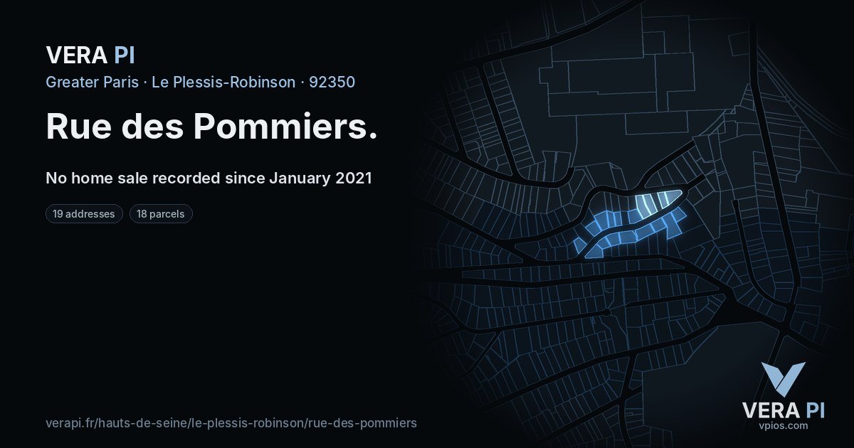 Rue des Pommiers, Le Plessis-Robinson at night – every parcel coloured by the prices around it, the street's own parcels lit