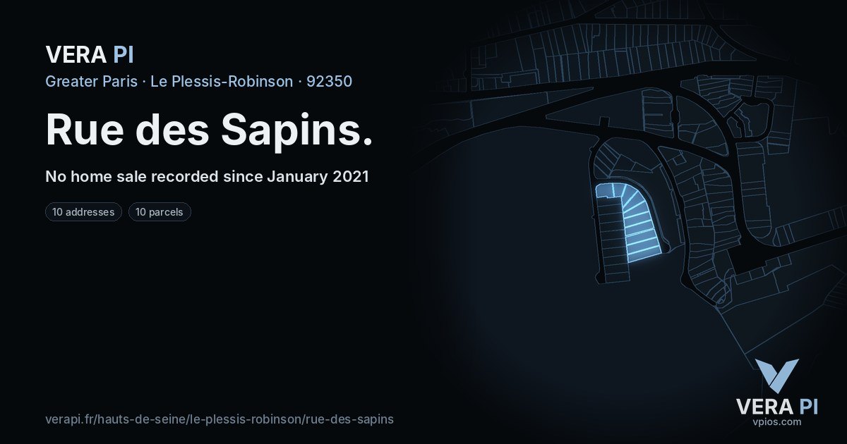 Rue des Sapins, Le Plessis-Robinson at night – every parcel coloured by the prices around it, the street's own parcels lit