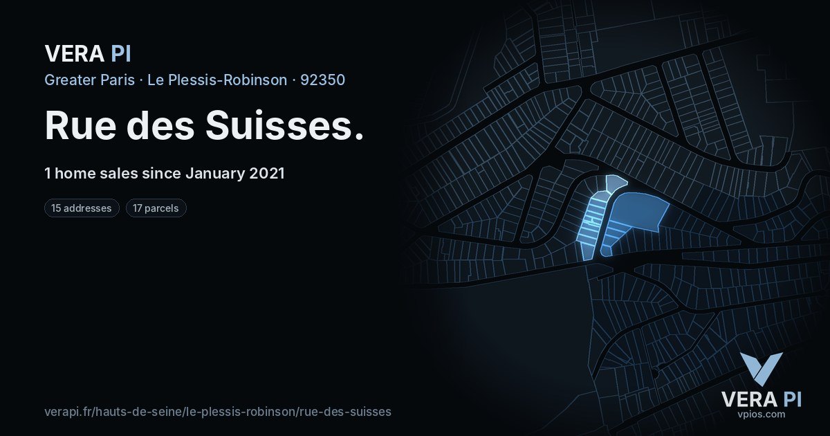 Rue des Suisses, Le Plessis-Robinson at night – every parcel coloured by the prices around it, the street's own parcels lit