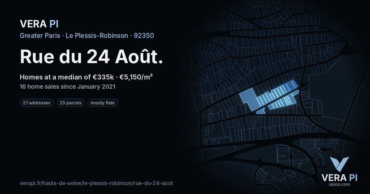 Rue du 24 Août, Le Plessis-Robinson at night – every parcel coloured by the prices around it, the street's own parcels lit