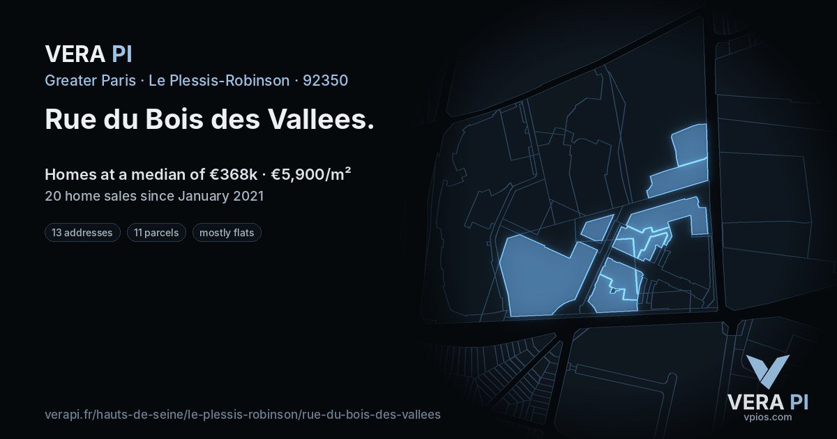 Rue du Bois des Vallees, Le Plessis-Robinson at night – every parcel coloured by the prices around it, the street's own parcels lit