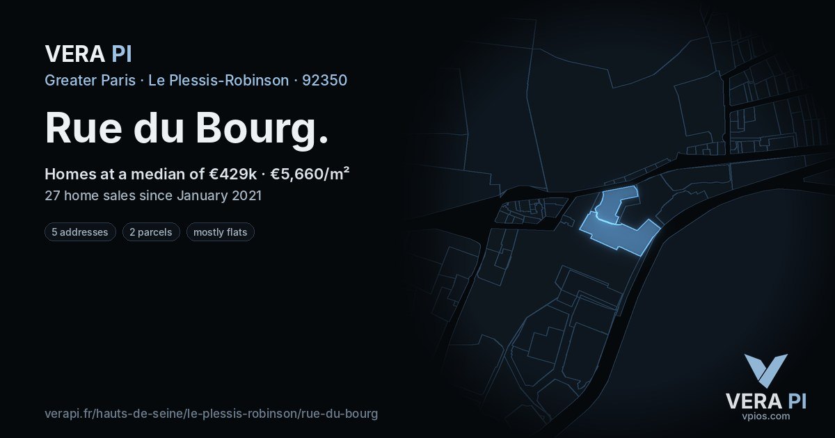 Rue du Bourg, Le Plessis-Robinson at night – every parcel coloured by the prices around it, the street's own parcels lit