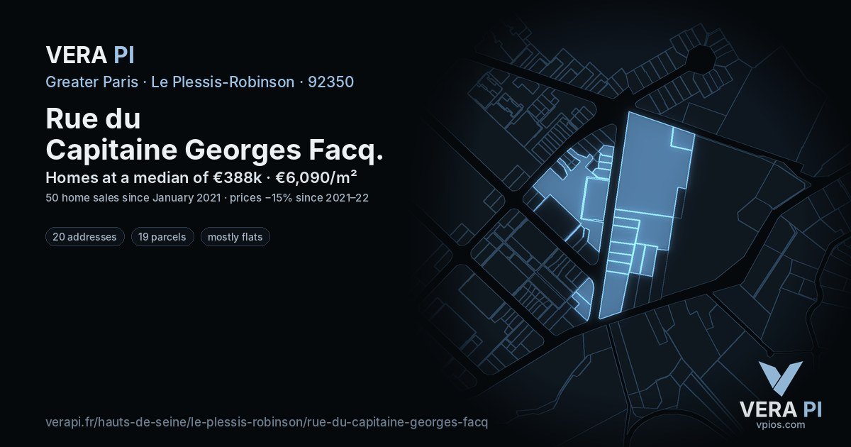 Rue du Capitaine Georges Facq, Le Plessis-Robinson at night – every parcel coloured by the prices around it, the street's own parcels lit