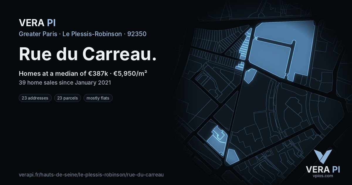 Rue du Carreau, Le Plessis-Robinson at night – every parcel coloured by the prices around it, the street's own parcels lit