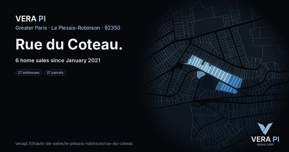 Rue du Coteau, Le Plessis-Robinson at night – every parcel coloured by the prices around it, the street's own parcels lit
