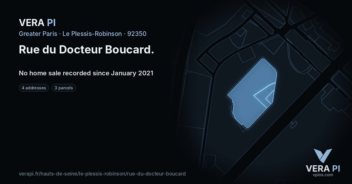 Rue du Docteur Boucard, Le Plessis-Robinson at night – every parcel coloured by the prices around it, the street's own parcels lit
