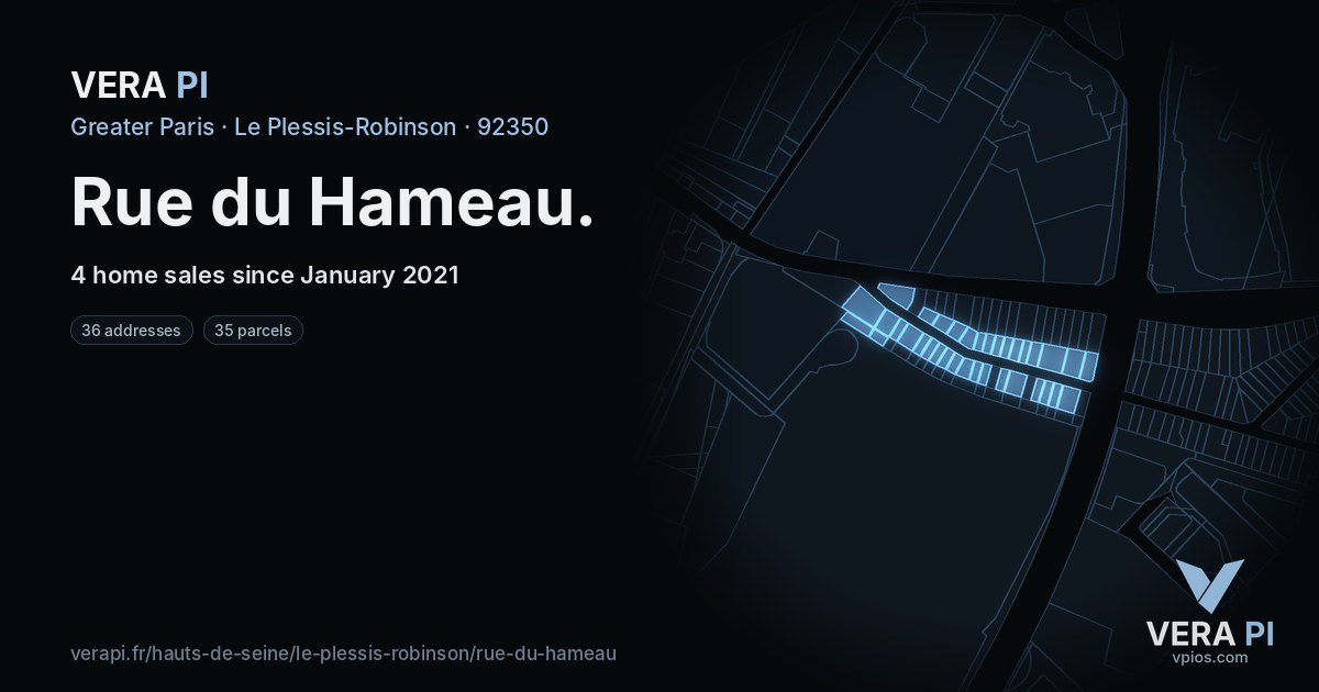 Rue du Hameau, Le Plessis-Robinson at night – every parcel coloured by the prices around it, the street's own parcels lit