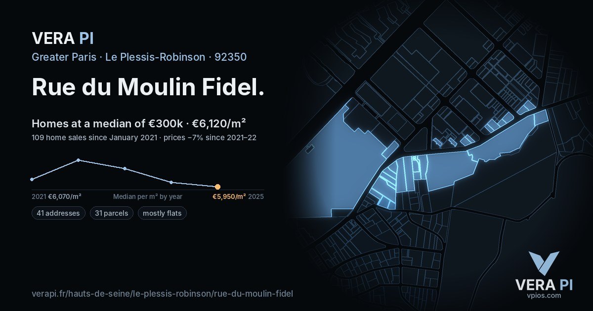 Rue du Moulin Fidel, Le Plessis-Robinson at night – every parcel coloured by the prices around it, the street's own parcels lit