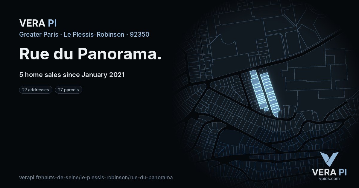 Rue du Panorama, Le Plessis-Robinson at night – every parcel coloured by the prices around it, the street's own parcels lit