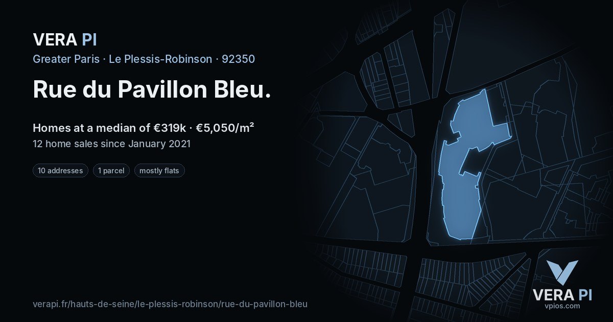 Rue du Pavillon Bleu, Le Plessis-Robinson at night – every parcel coloured by the prices around it, the street's own parcels lit