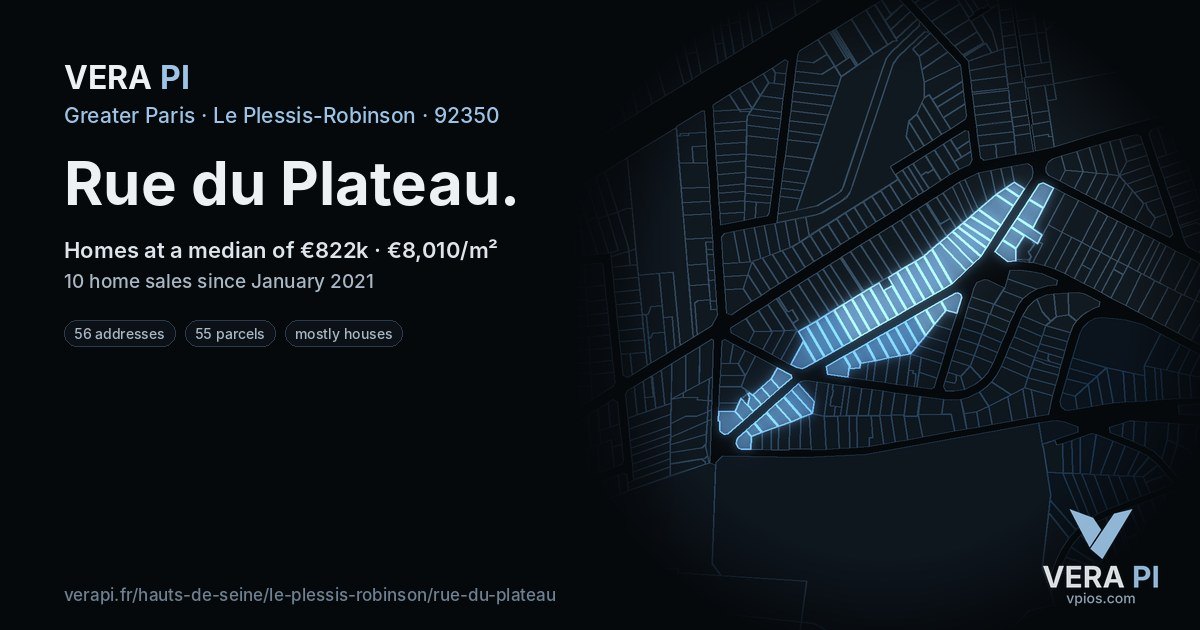 Rue du Plateau, Le Plessis-Robinson at night – every parcel coloured by the prices around it, the street's own parcels lit