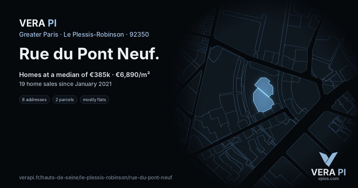 Rue du Pont Neuf, Le Plessis-Robinson at night – every parcel coloured by the prices around it, the street's own parcels lit