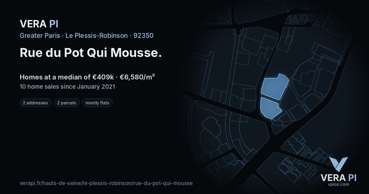Rue du Pot Qui Mousse, Le Plessis-Robinson at night – every parcel coloured by the prices around it, the street's own parcels lit