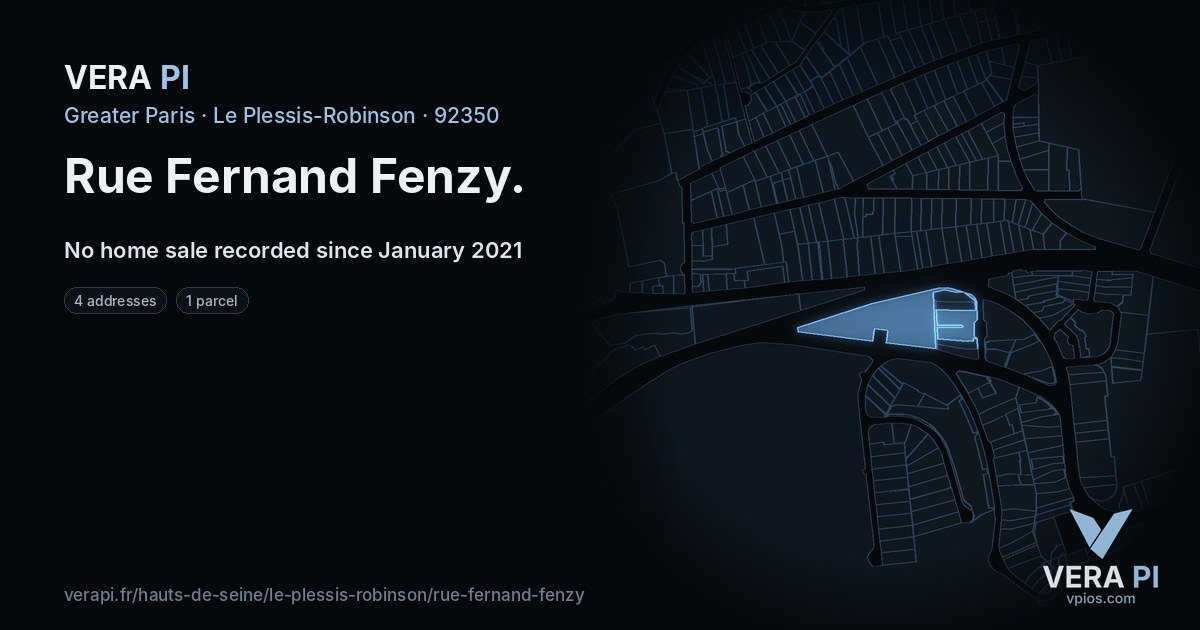 Rue Fernand Fenzy, Le Plessis-Robinson at night – every parcel coloured by the prices around it, the street's own parcels lit