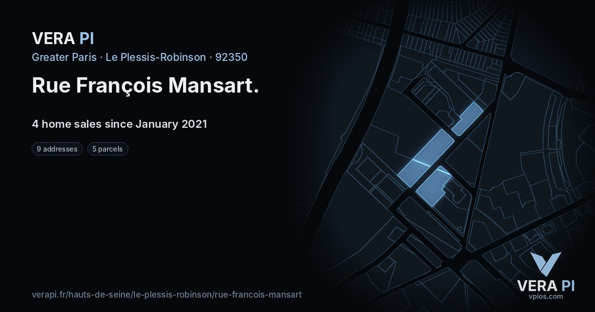Rue François Mansart, Le Plessis-Robinson at night – every parcel coloured by the prices around it, the street's own parcels lit