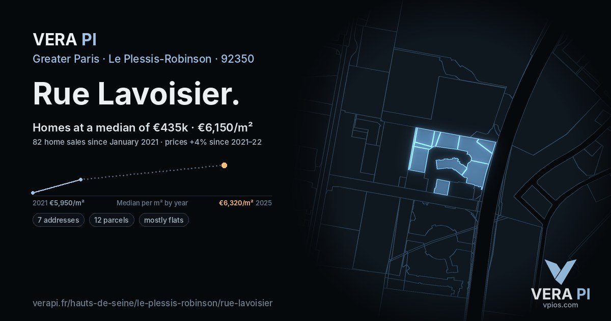 Rue Lavoisier, Le Plessis-Robinson at night – every parcel coloured by the prices around it, the street's own parcels lit