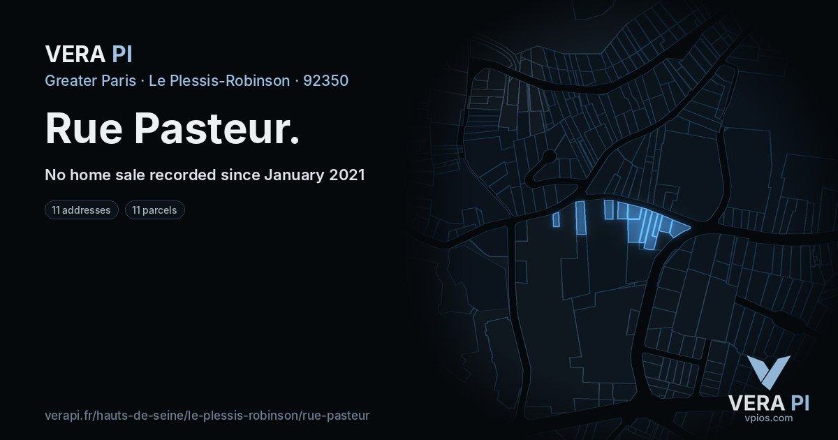 Rue Pasteur, Le Plessis-Robinson at night – every parcel coloured by the prices around it, the street's own parcels lit