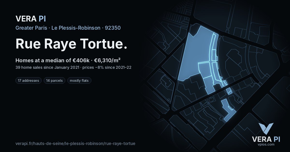Rue Raye Tortue, Le Plessis-Robinson at night – every parcel coloured by the prices around it, the street's own parcels lit
