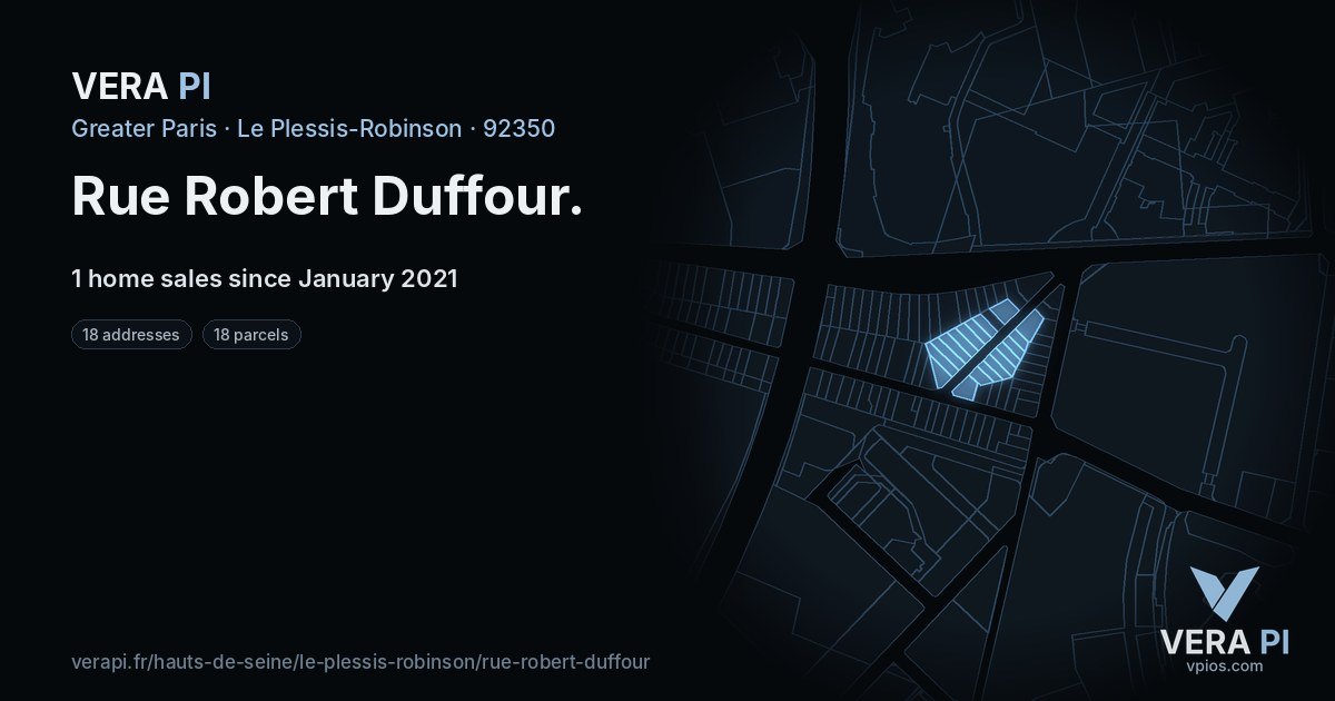 Rue Robert Duffour, Le Plessis-Robinson at night – every parcel coloured by the prices around it, the street's own parcels lit