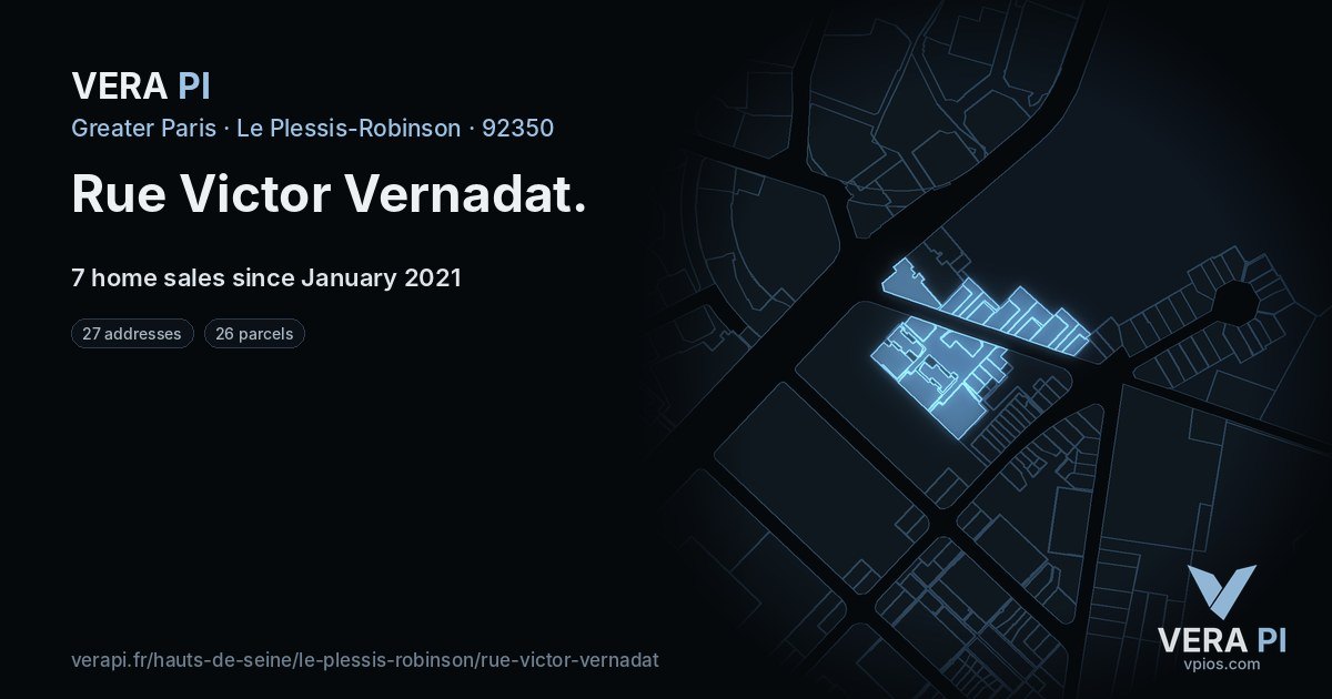 Rue Victor Vernadat, Le Plessis-Robinson at night – every parcel coloured by the prices around it, the street's own parcels lit