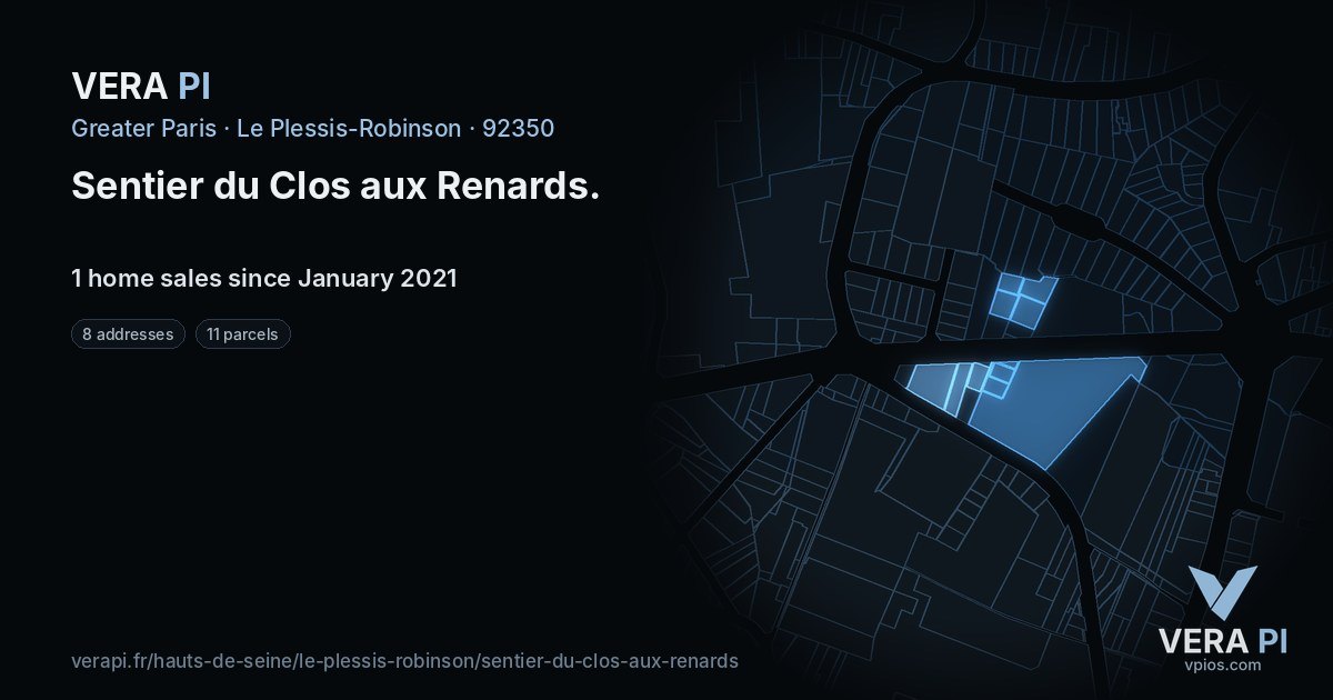 Sentier du Clos aux Renards, Le Plessis-Robinson at night – every parcel coloured by the prices around it, the street's own parcels lit