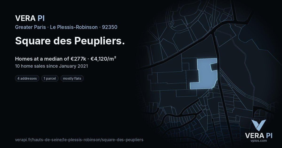 Square des Peupliers, Le Plessis-Robinson at night – every parcel coloured by the prices around it, the street's own parcels lit