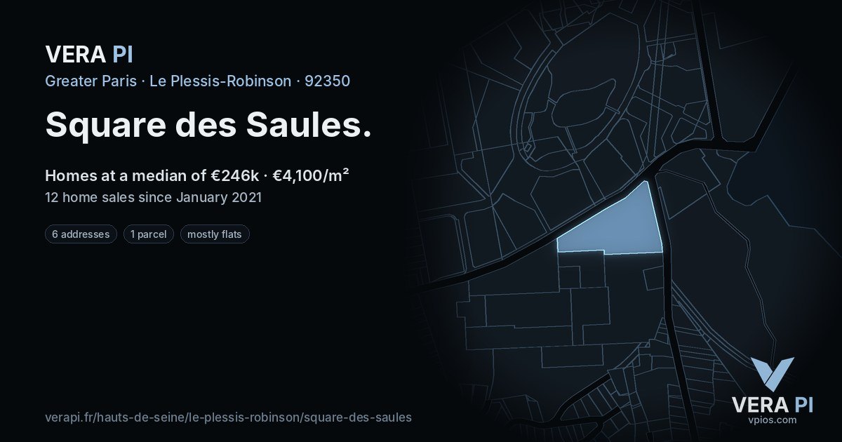 Square des Saules, Le Plessis-Robinson at night – every parcel coloured by the prices around it, the street's own parcels lit