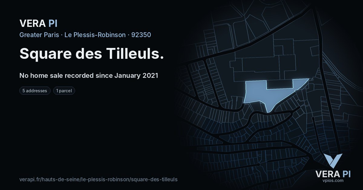 Square des Tilleuls, Le Plessis-Robinson at night – every parcel coloured by the prices around it, the street's own parcels lit