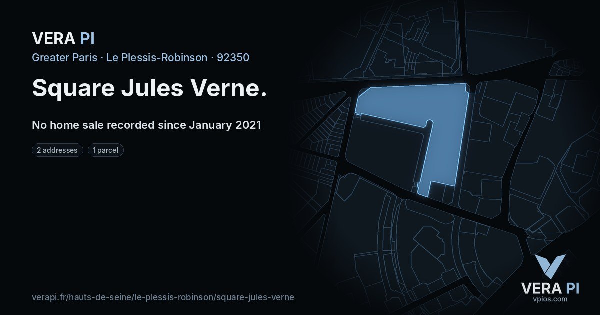 Square Jules Verne, Le Plessis-Robinson at night – every parcel coloured by the prices around it, the street's own parcels lit