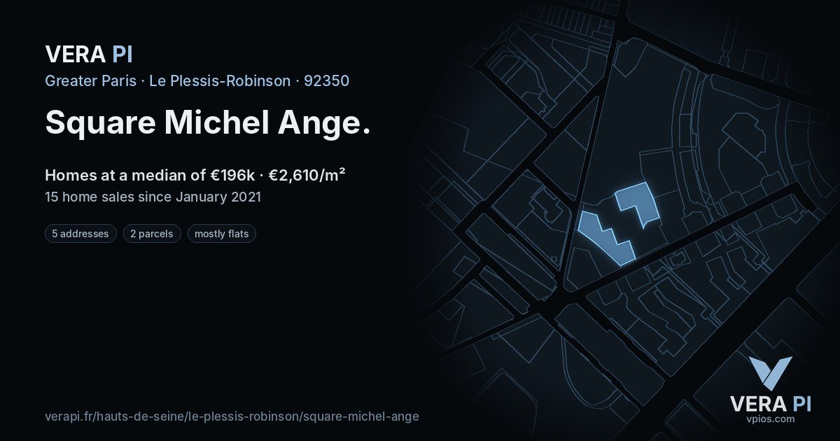 Square Michel Ange, Le Plessis-Robinson at night – every parcel coloured by the prices around it, the street's own parcels lit