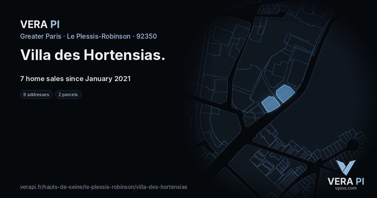 Villa des Hortensias, Le Plessis-Robinson at night – every parcel coloured by the prices around it, the street's own parcels lit