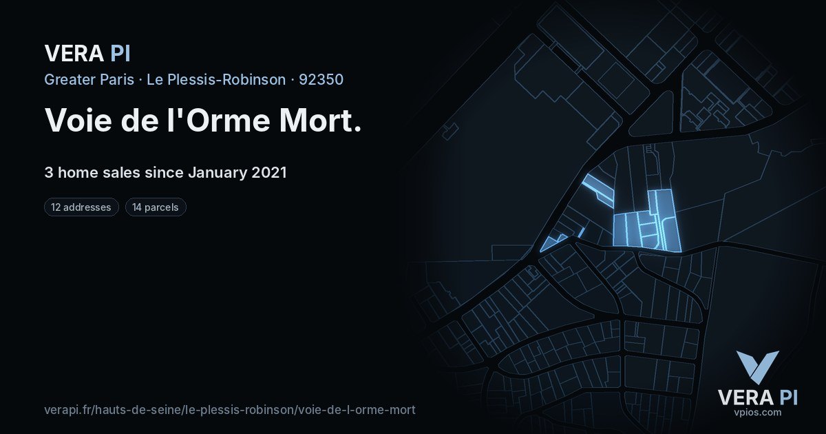 Voie de l'Orme Mort, Le Plessis-Robinson at night – every parcel coloured by the prices around it, the street's own parcels lit