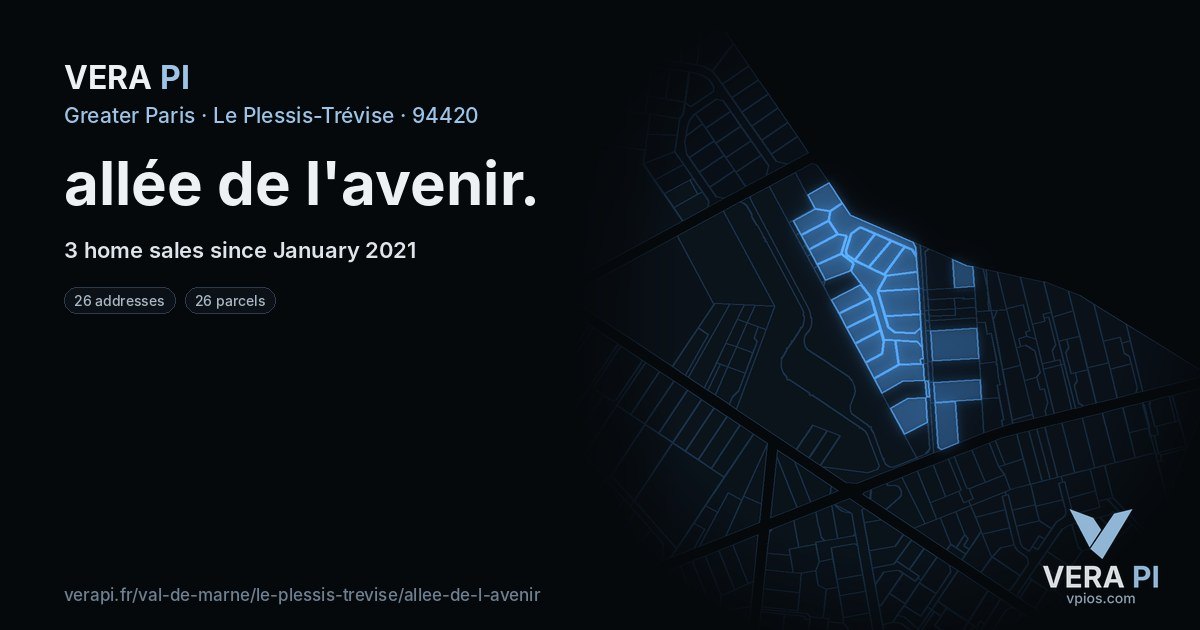 allée de l'avenir, Le Plessis-Trévise at night – every parcel coloured by the prices around it, the street's own parcels lit