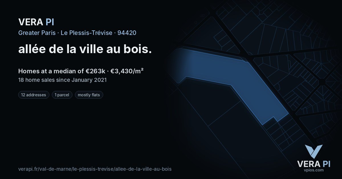 allée de la ville au bois, Le Plessis-Trévise at night – every parcel coloured by the prices around it, the street's own parcels lit