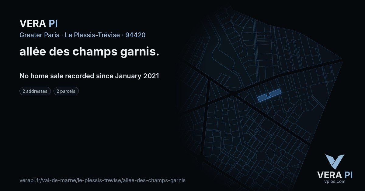 allée des champs garnis, Le Plessis-Trévise at night – every parcel coloured by the prices around it, the street's own parcels lit