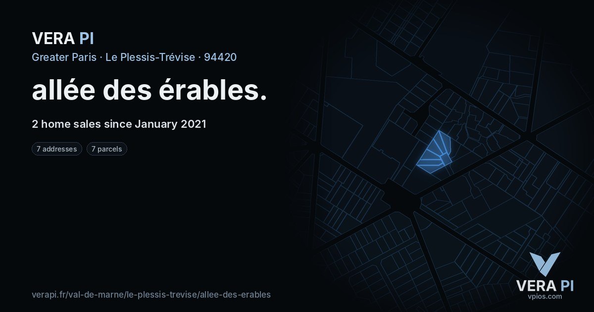 allée des érables, Le Plessis-Trévise at night – every parcel coloured by the prices around it, the street's own parcels lit