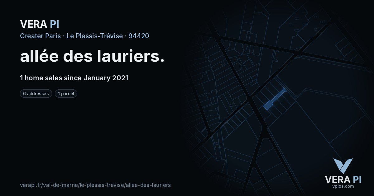 allée des lauriers, Le Plessis-Trévise at night – every parcel coloured by the prices around it, the street's own parcels lit