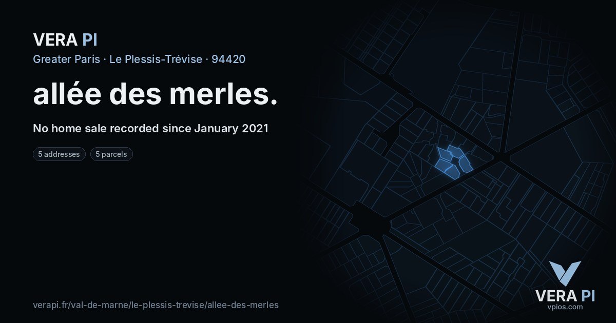 allée des merles, Le Plessis-Trévise at night – every parcel coloured by the prices around it, the street's own parcels lit