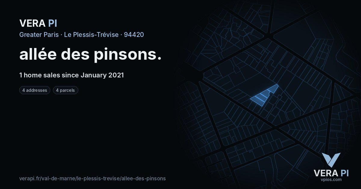 allée des pinsons, Le Plessis-Trévise at night – every parcel coloured by the prices around it, the street's own parcels lit