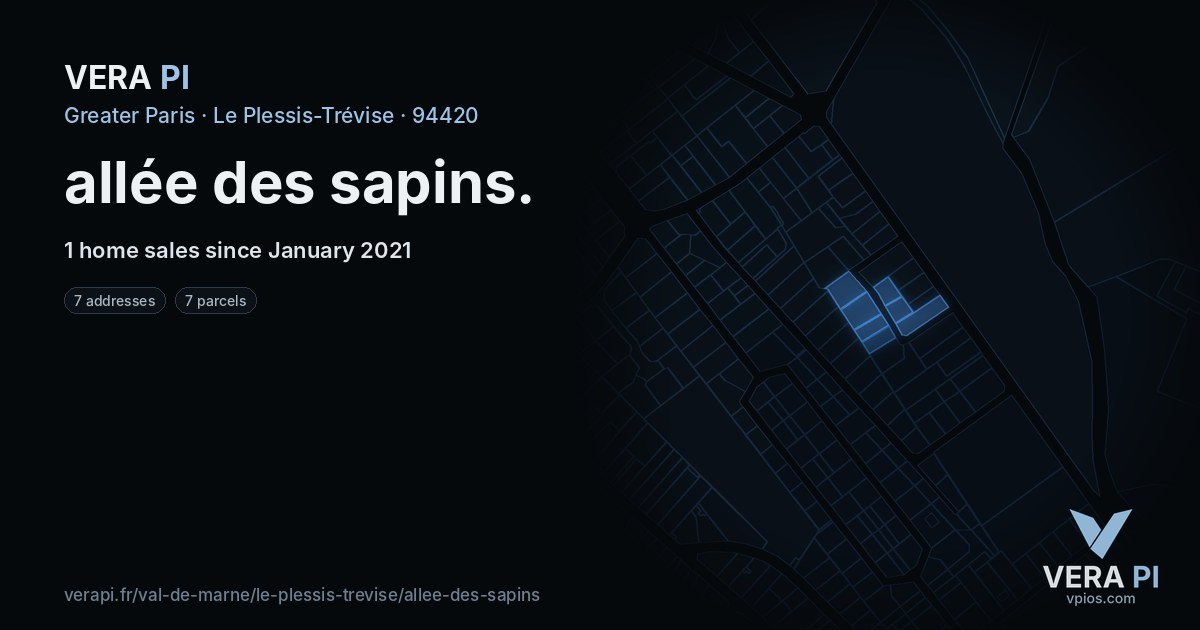 allée des sapins, Le Plessis-Trévise at night – every parcel coloured by the prices around it, the street's own parcels lit