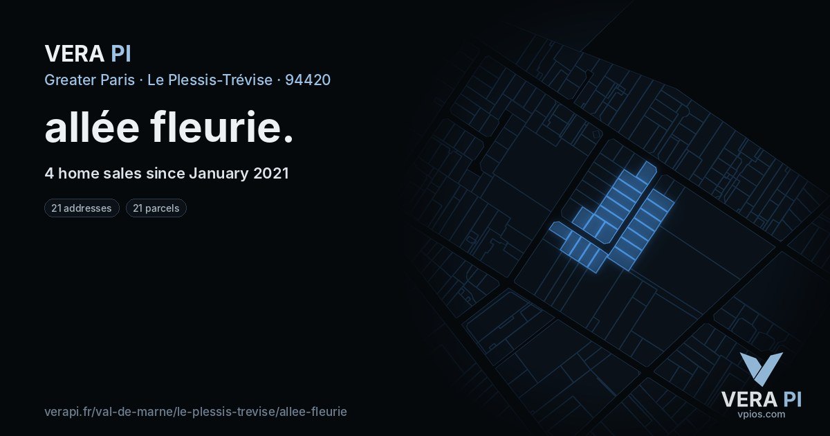 allée fleurie, Le Plessis-Trévise at night – every parcel coloured by the prices around it, the street's own parcels lit