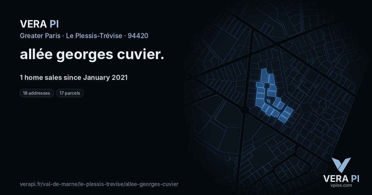 allée georges cuvier, Le Plessis-Trévise at night – every parcel coloured by the prices around it, the street's own parcels lit
