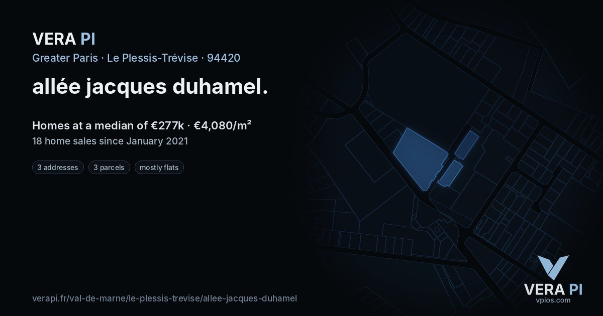 allée jacques duhamel, Le Plessis-Trévise at night – every parcel coloured by the prices around it, the street's own parcels lit