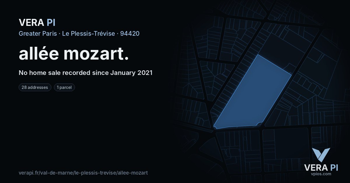 allée mozart, Le Plessis-Trévise at night – every parcel coloured by the prices around it, the street's own parcels lit