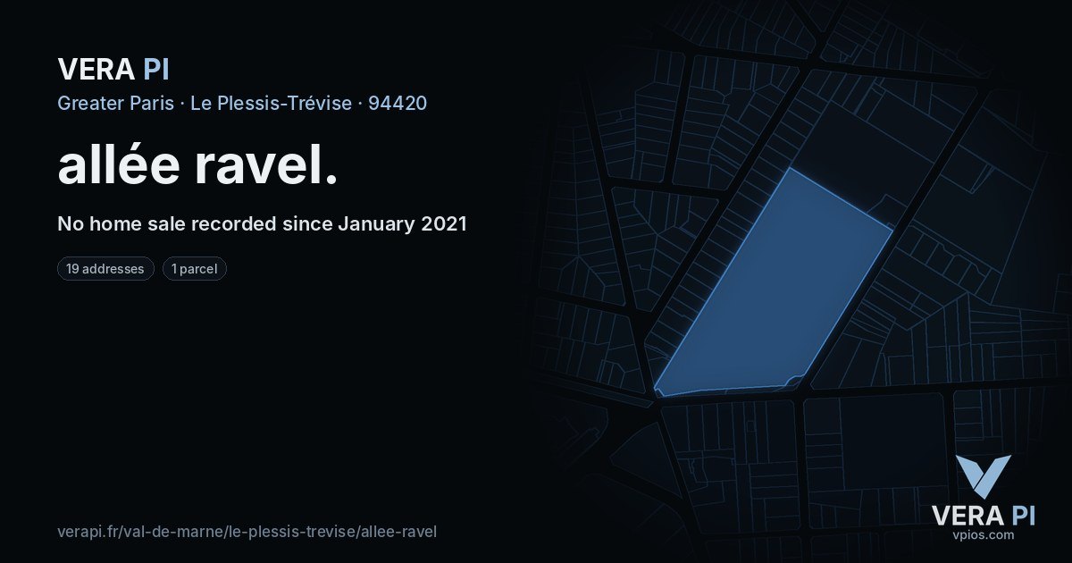 allée ravel, Le Plessis-Trévise at night – every parcel coloured by the prices around it, the street's own parcels lit