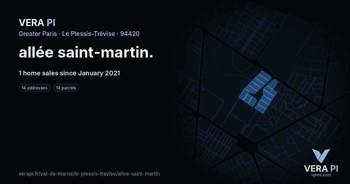 allée saint-martin, Le Plessis-Trévise at night – every parcel coloured by the prices around it, the street's own parcels lit