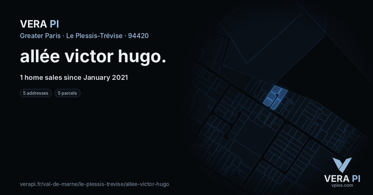allée victor hugo, Le Plessis-Trévise at night – every parcel coloured by the prices around it, the street's own parcels lit