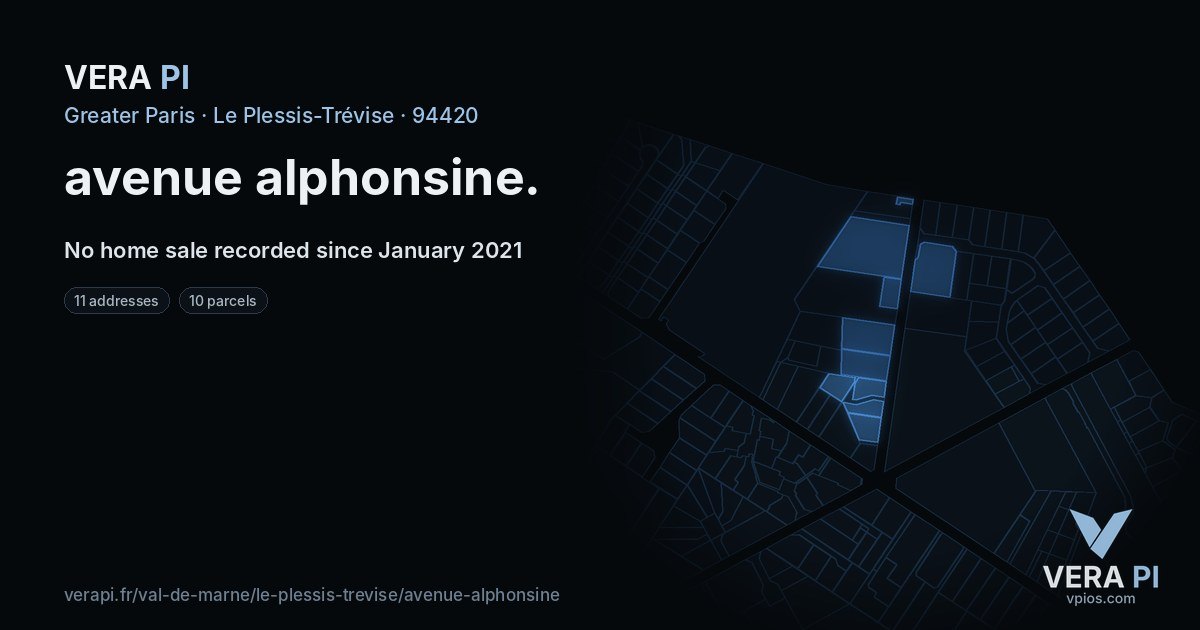 avenue alphonsine, Le Plessis-Trévise at night – every parcel coloured by the prices around it, the street's own parcels lit